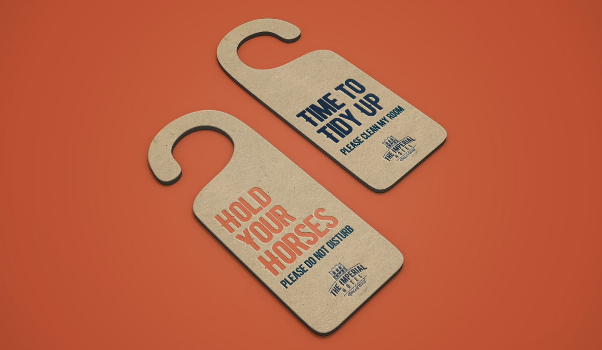 a pair of door swingers with text on them