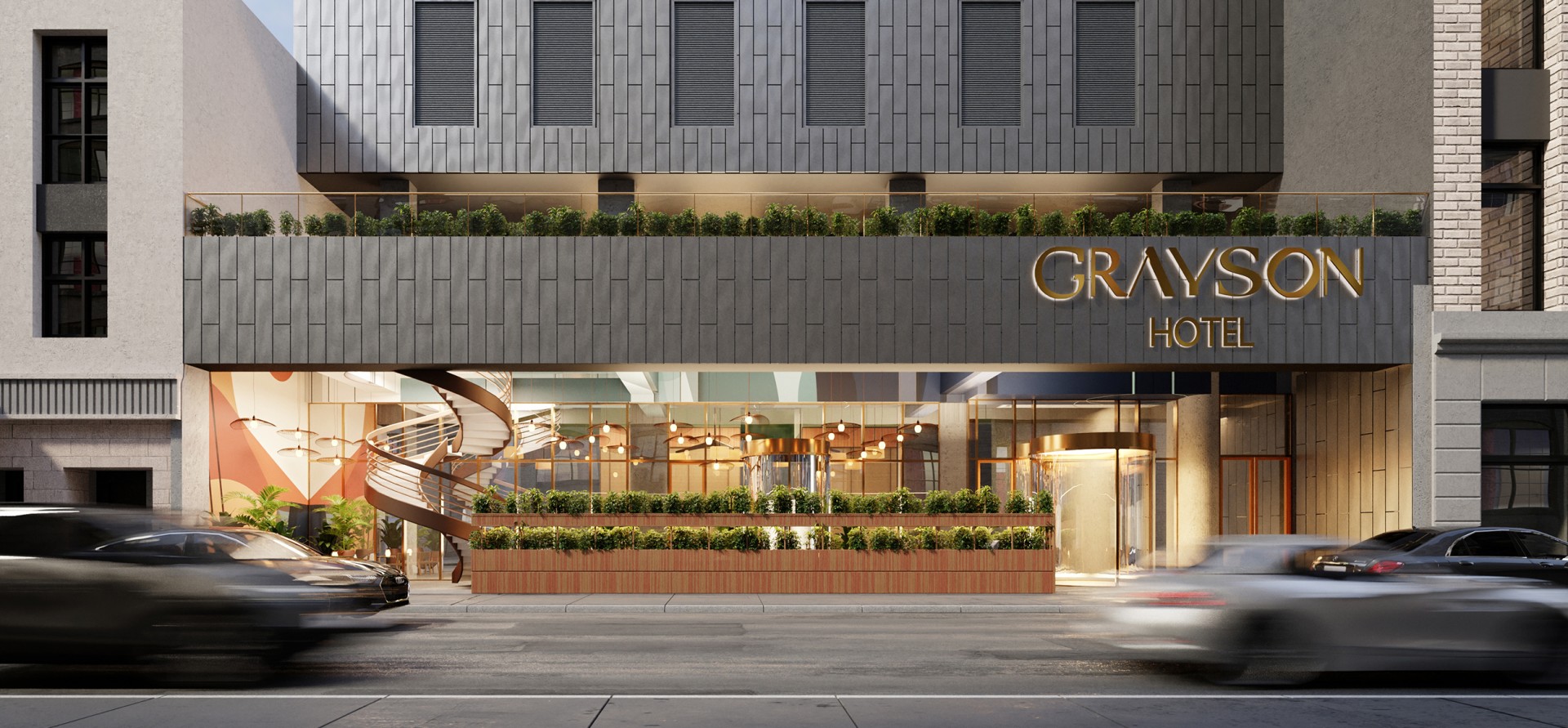 the grayson hotel building with a spiral staircase