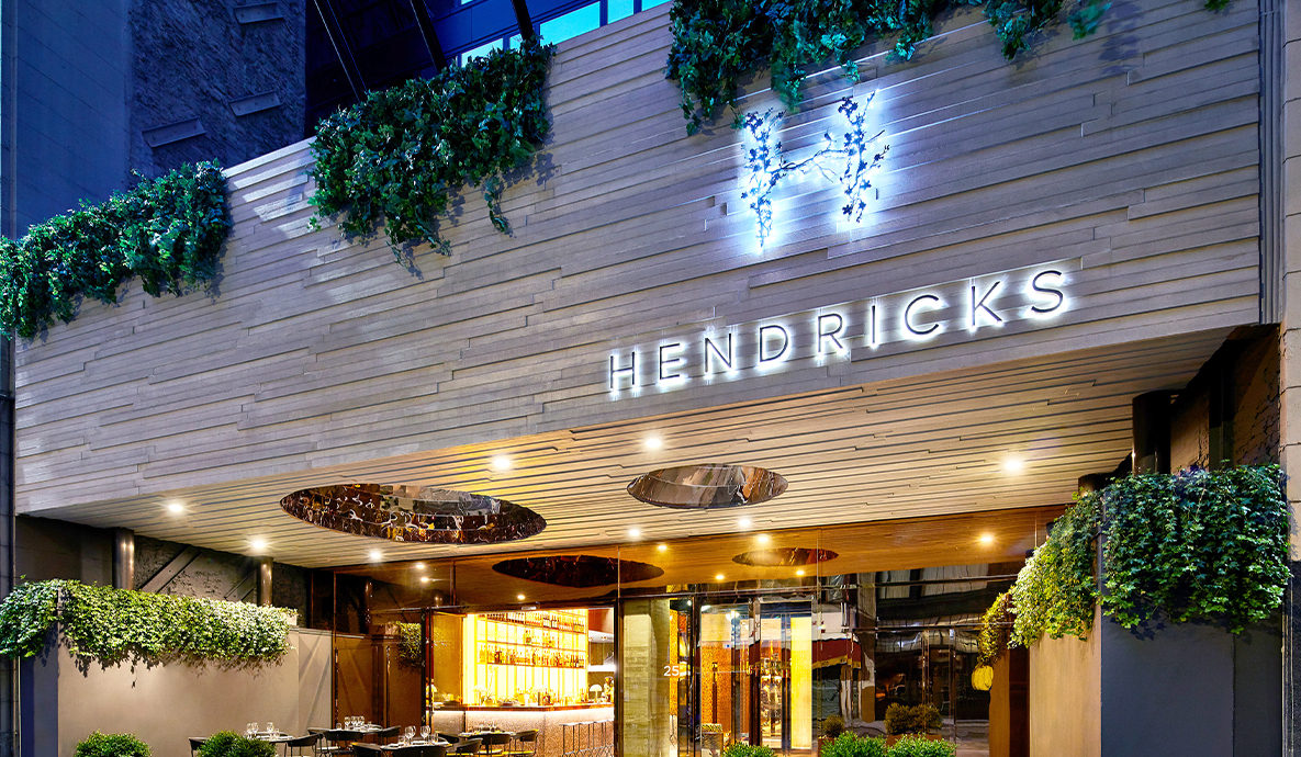 a restaurant with a sign on the front that says "Hendricks"