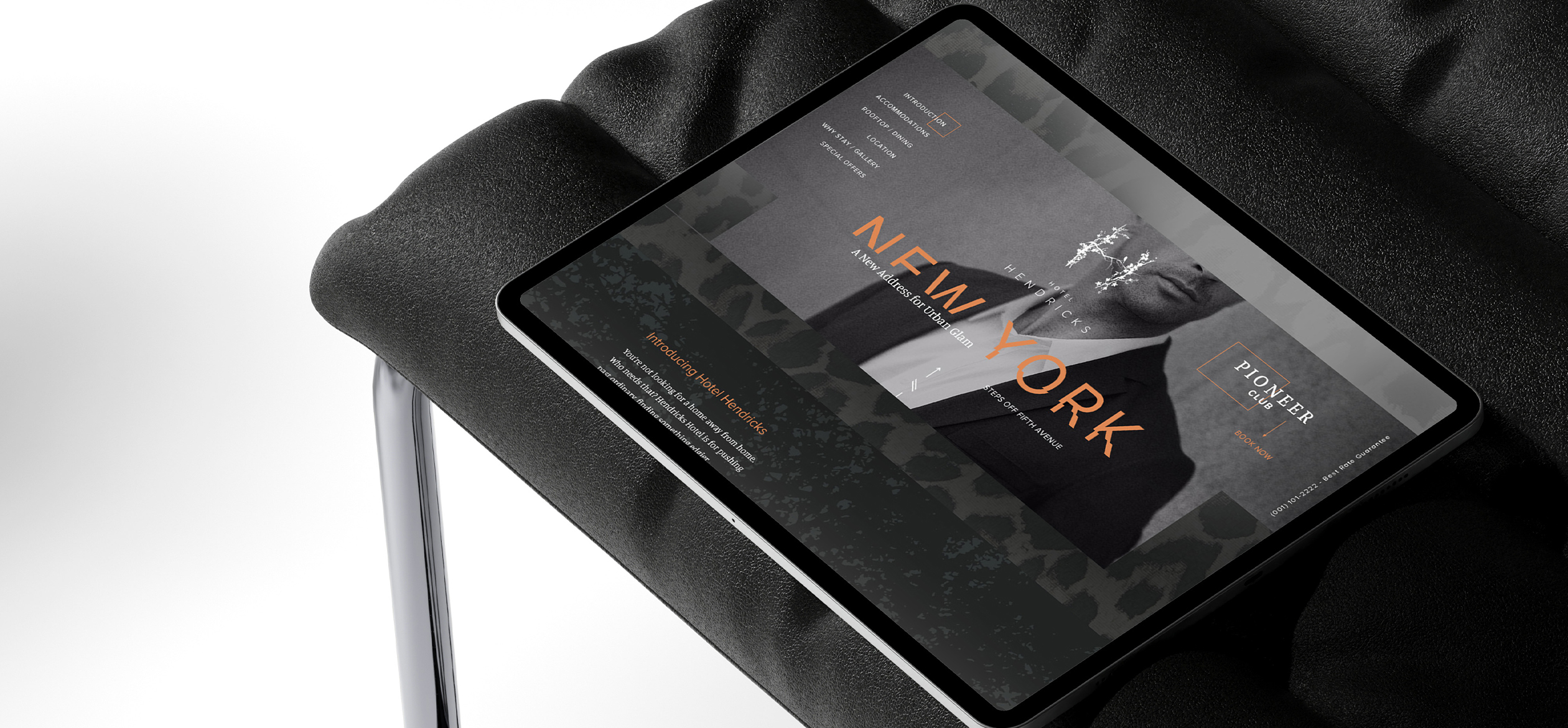 a tablet on a black cushion that says "New York" on it