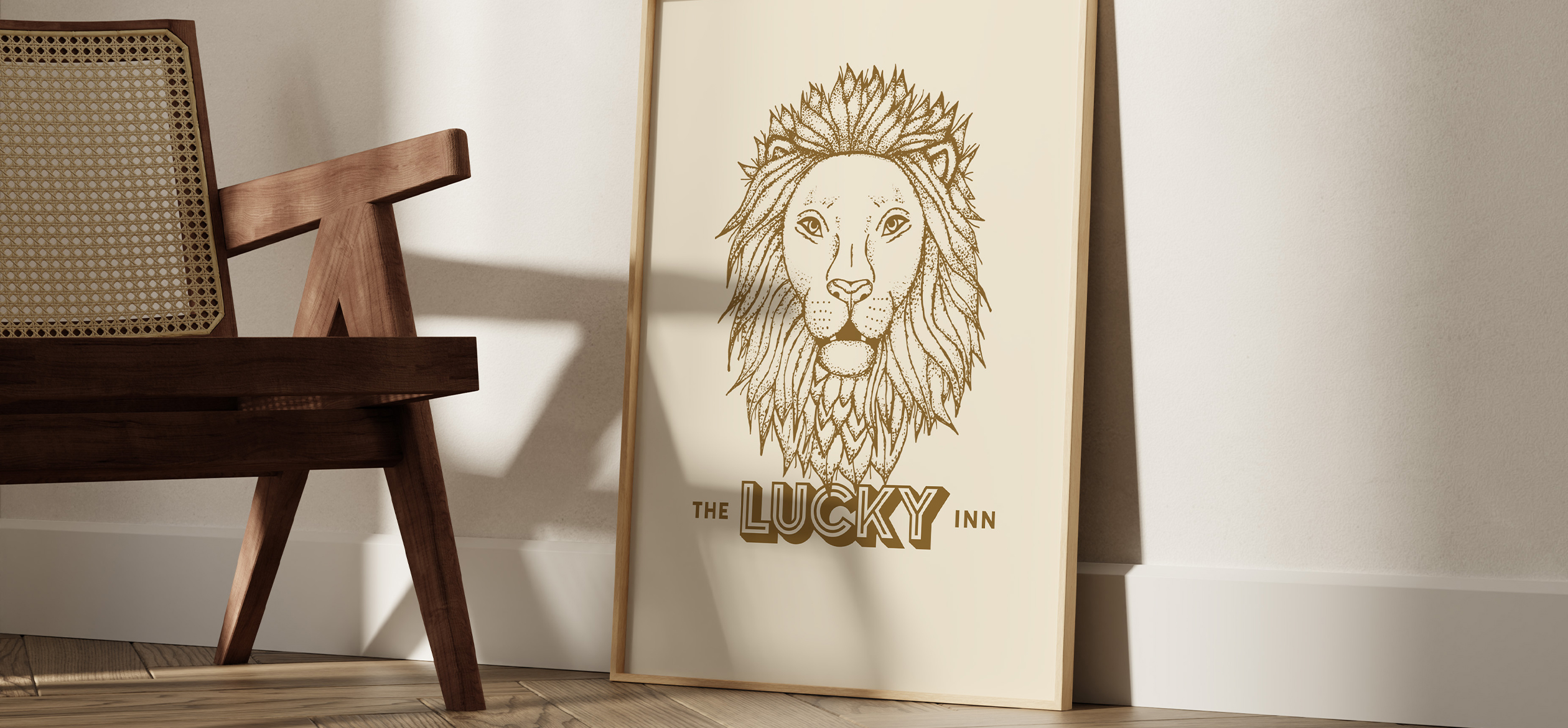 a picture of a lion in a pictureframe with the Lucky Inn logo on it