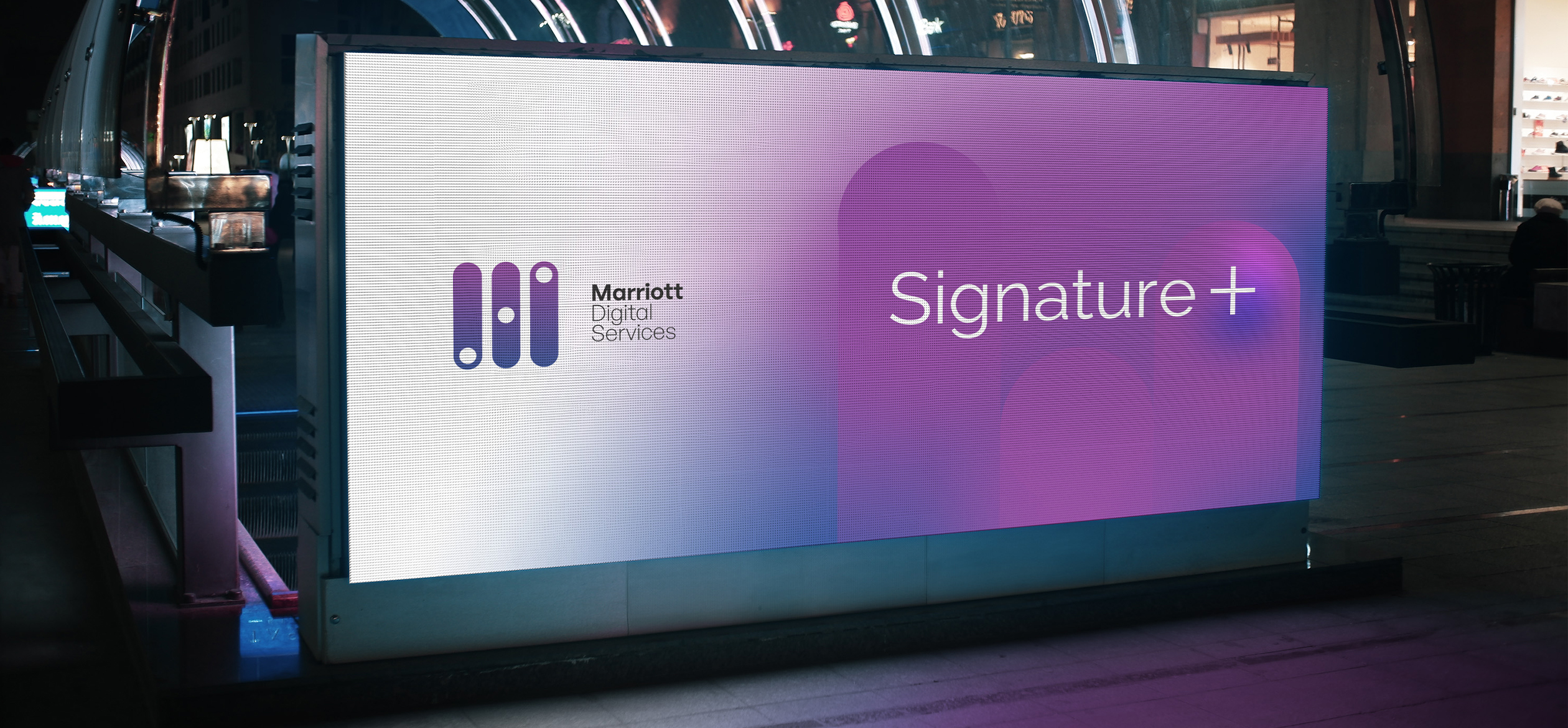 a large screen with the Marriott Digital Services logo on it