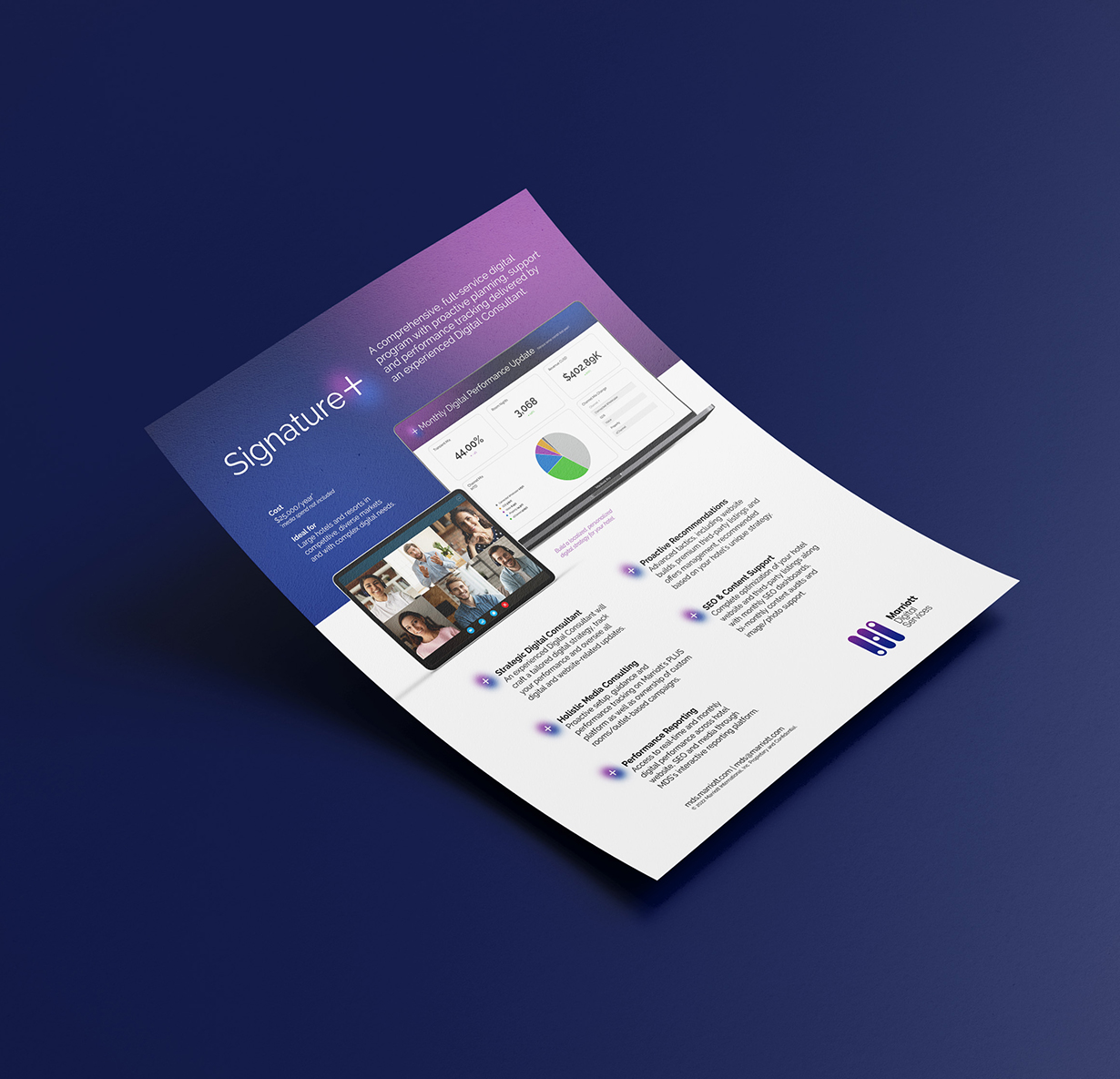 a paper with text and images on it talking about Signature + from Marriott Digital Services