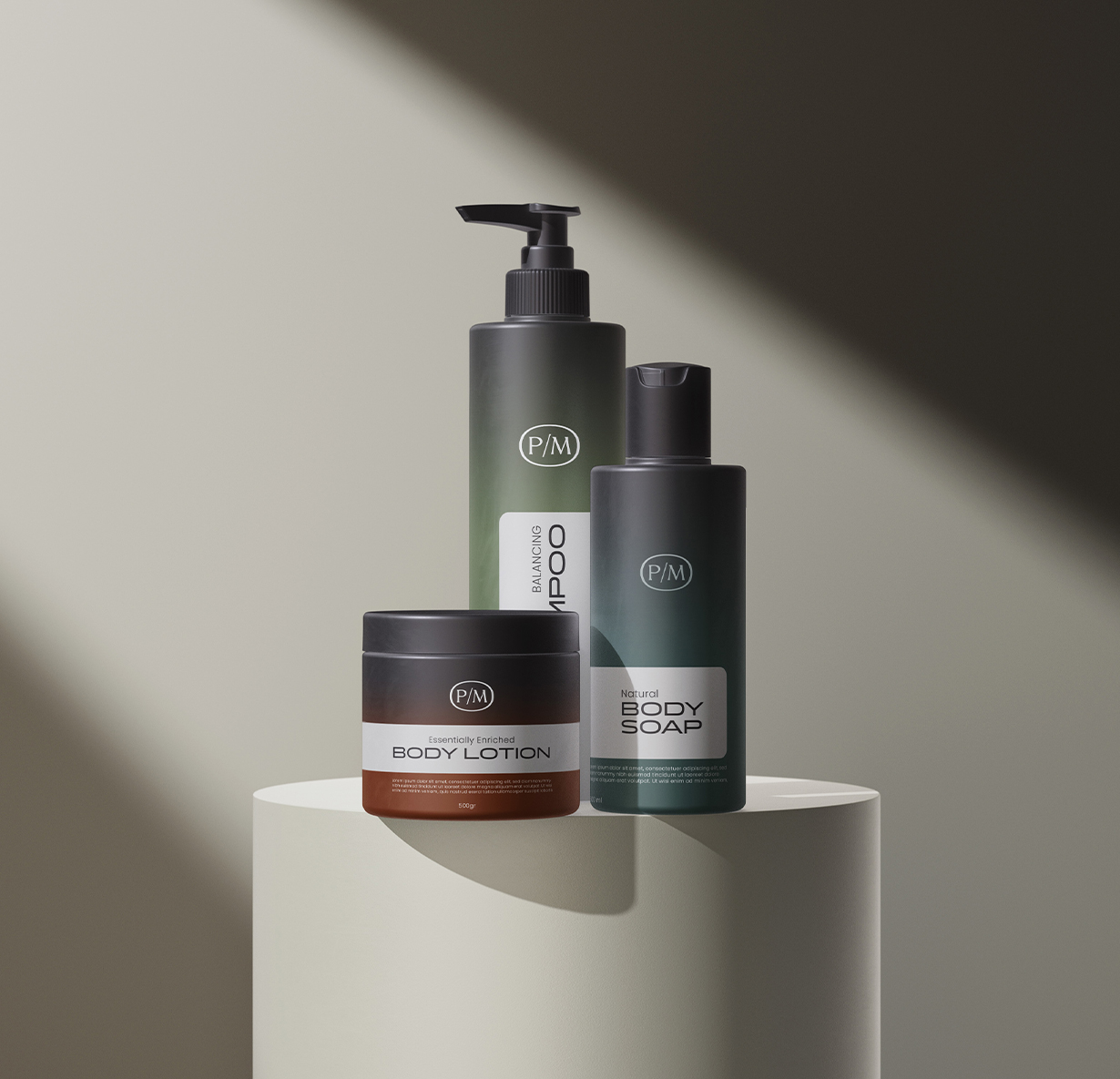 a group of body care products on a white pedestal with prana maya logo on them