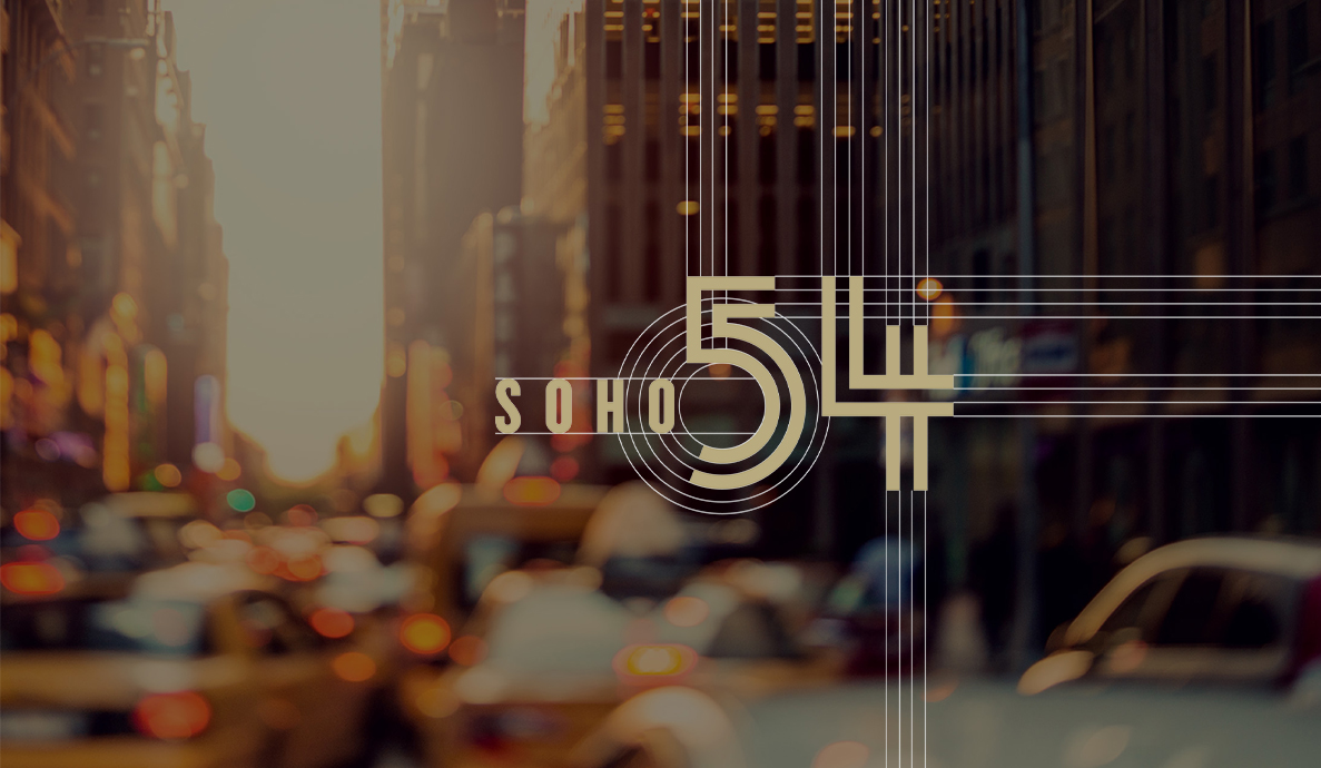 a city street with cars and buildings and Soho 54 overlaid