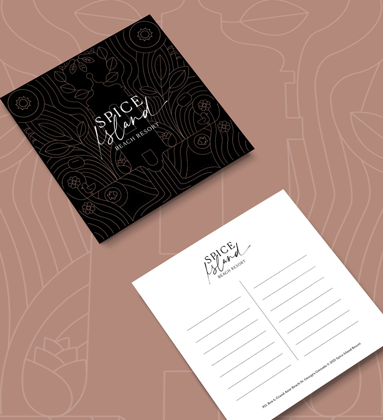 a black square card with white spice island logo on it next to a white square paper with lines and a spice island logo on it