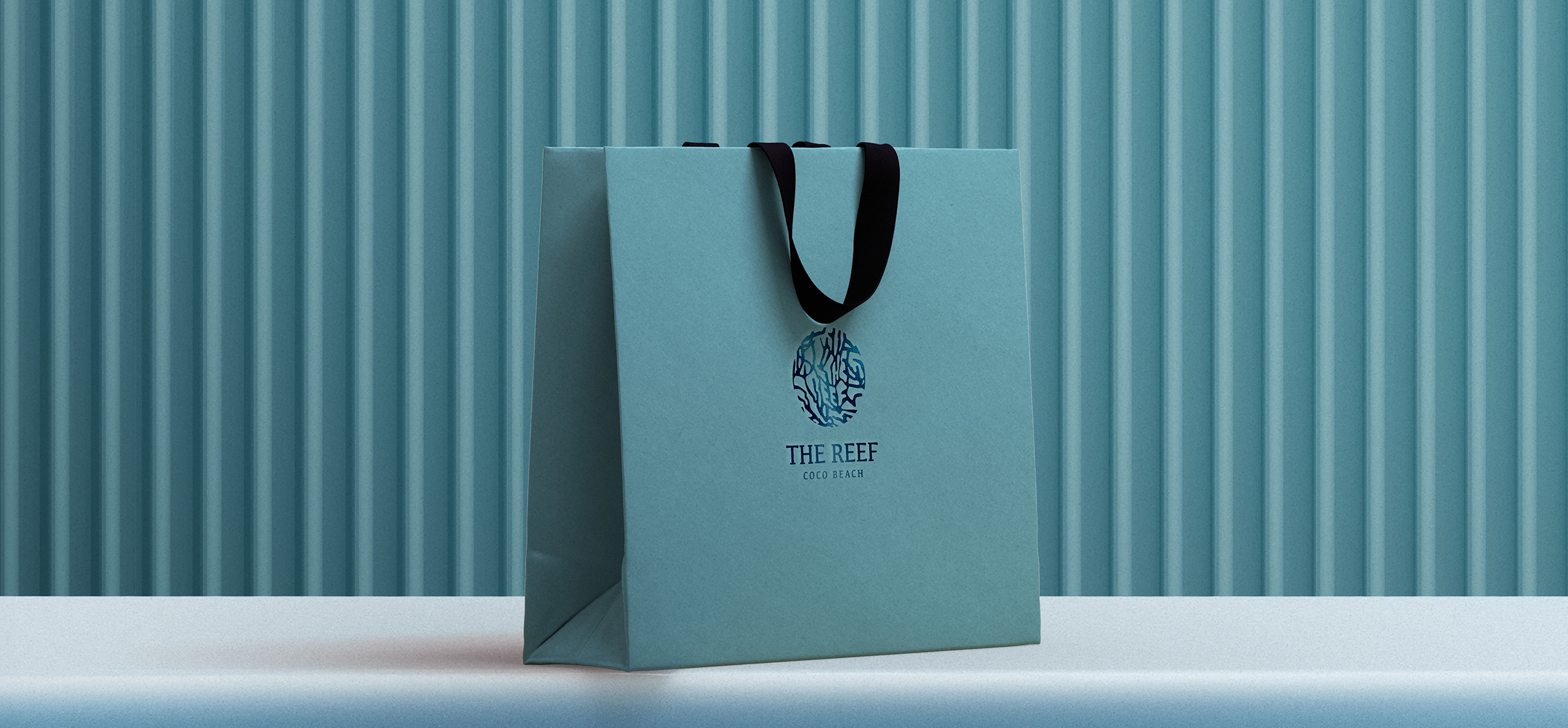 a blue bag with a black strap and Reef logo on it