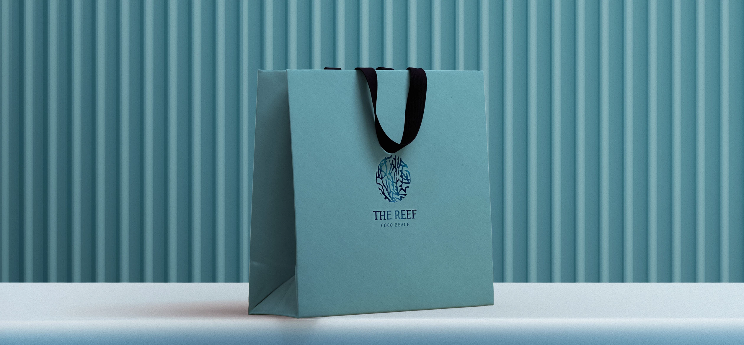 a blue bag with a black strap and Reef logo on it