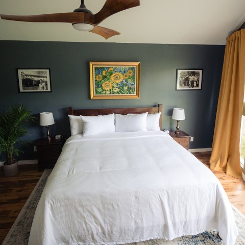 a bed with a fan and a painting on the wall