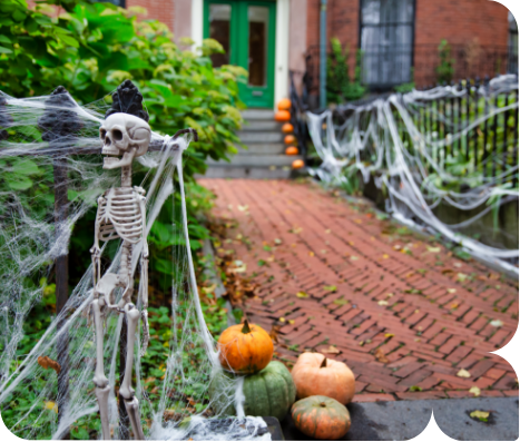 a skeleton with webs and pumpkins on a walkway