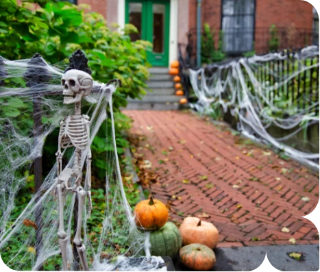 a skeleton with webs and pumpkins on a walkway