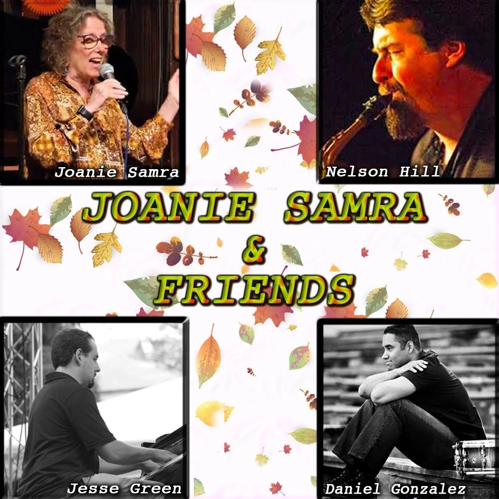 a collage of people including Joanie Samra with text and leaves