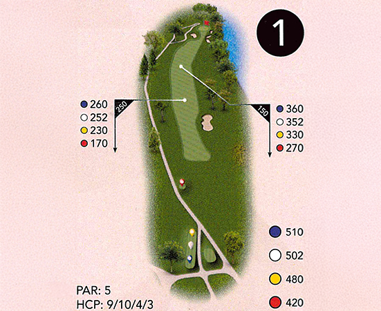 a golf course map with numbers and a hole