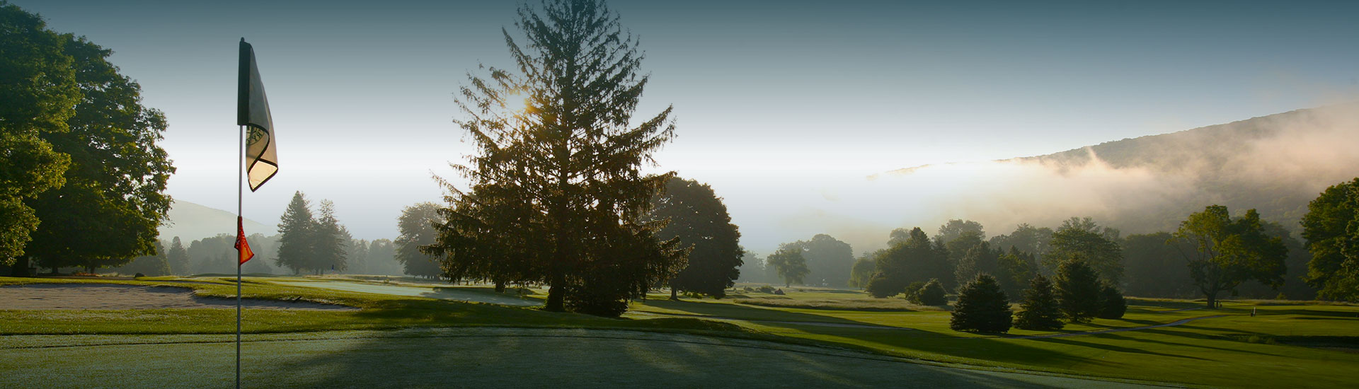 a golf course with trees and a blue sky