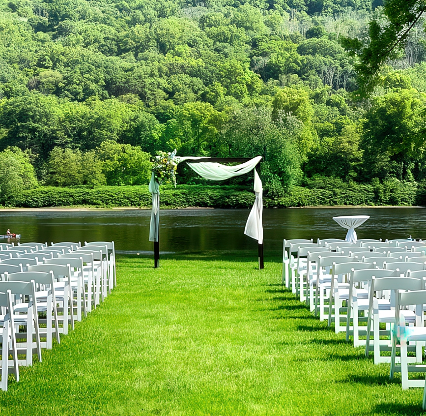 a wedding ceremony set up with white chairs and a lake