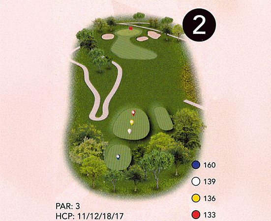 a golf course map with a path and trees