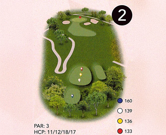 a golf course map with a path and trees