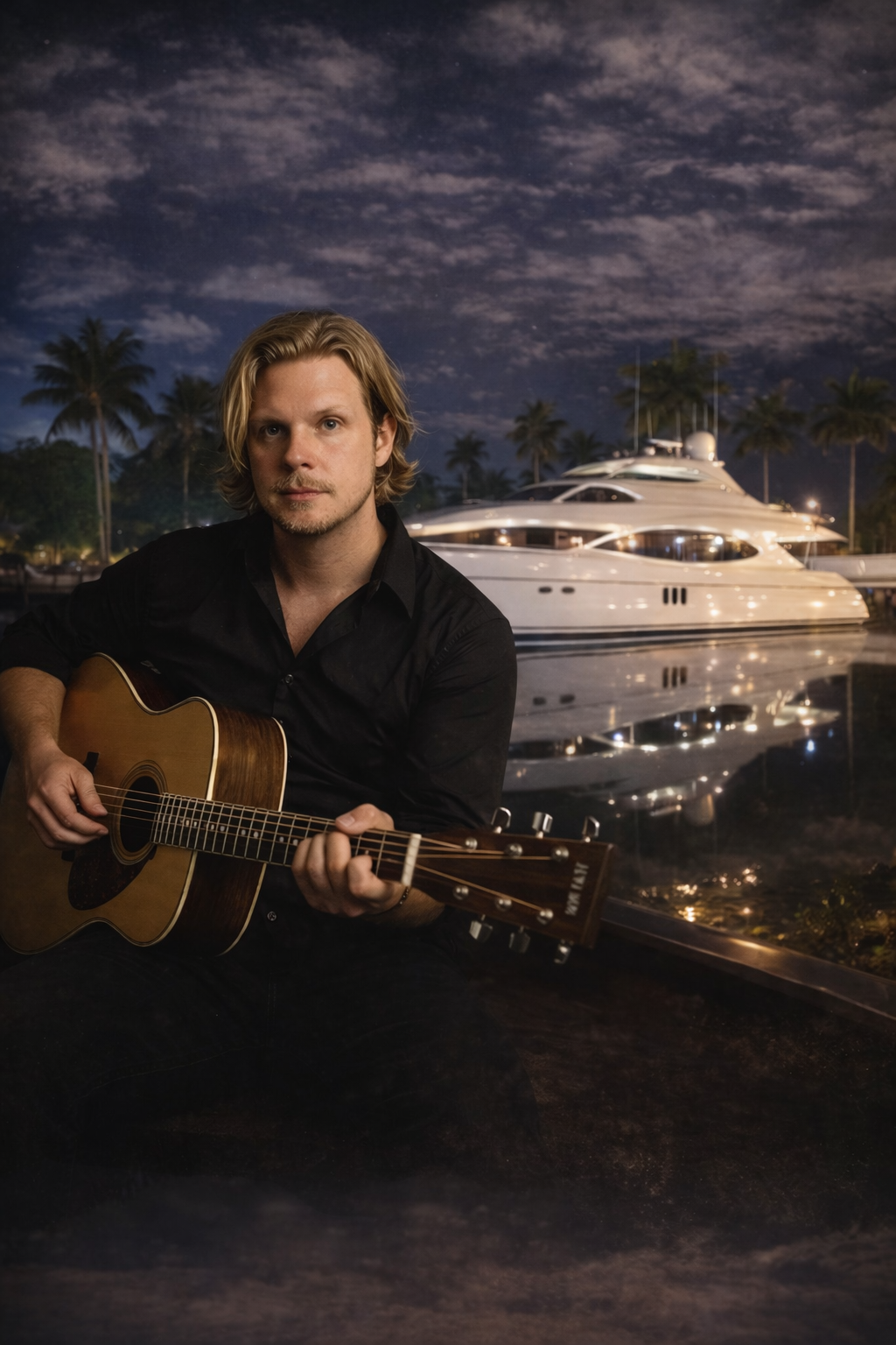 a man sitting on a ledge playing a guitar in front of a boat