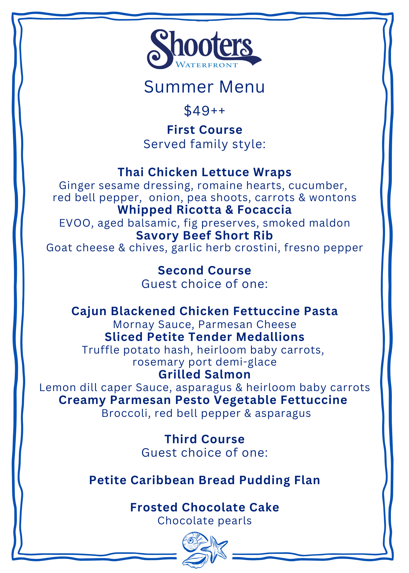 a menu with blue writing