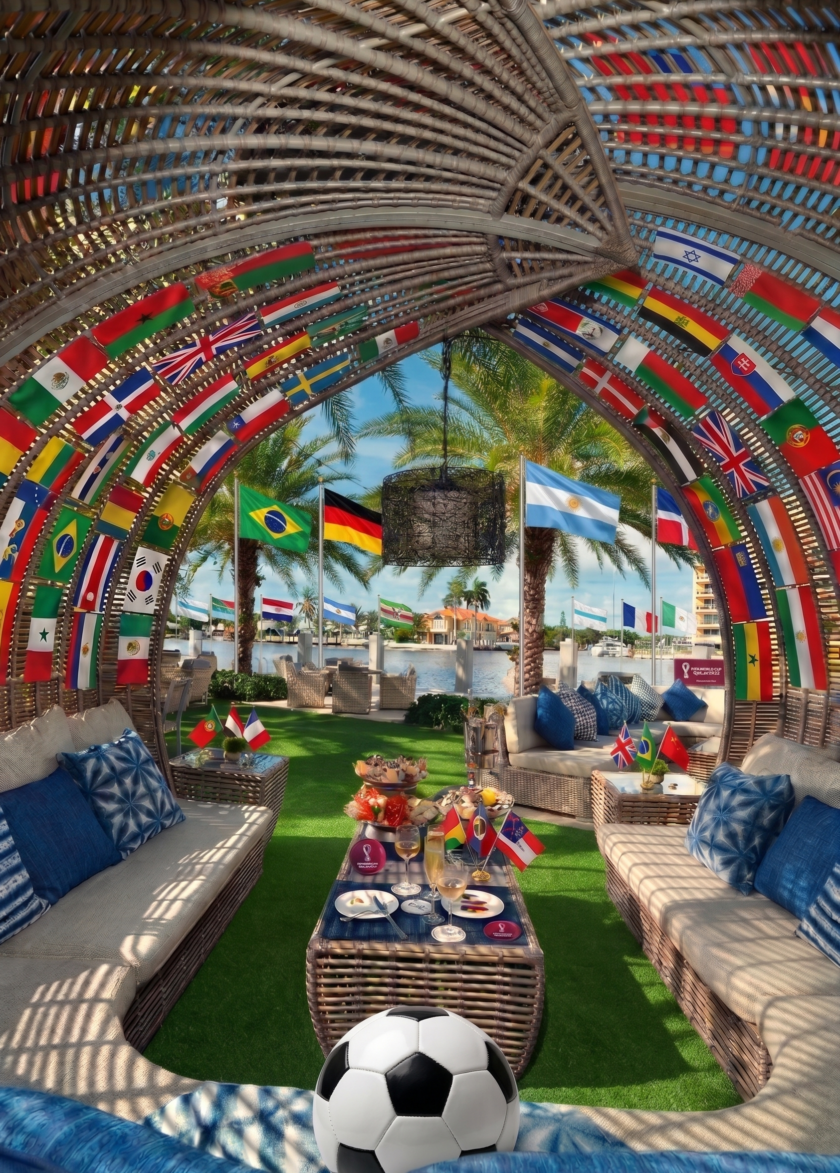a patio with a table and chairs and flags