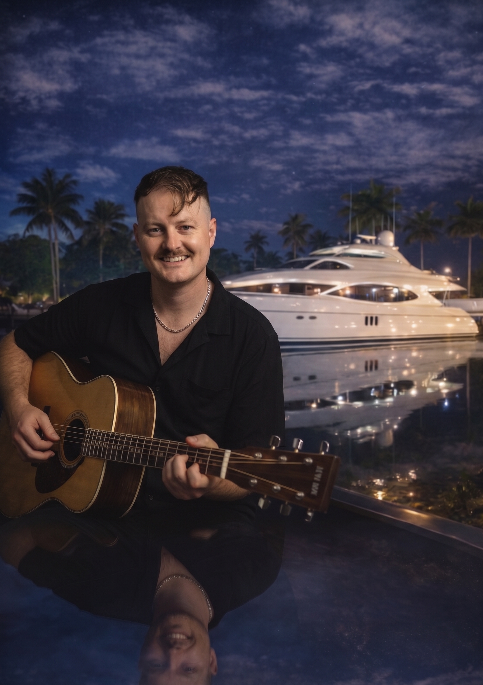 a man sitting on a ledge playing a guitar in front of a boat