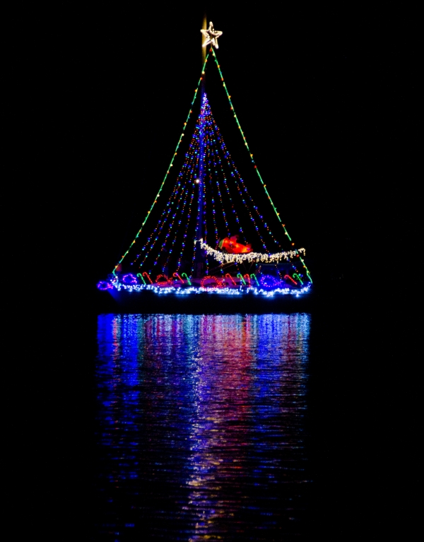 a boat with lights on it