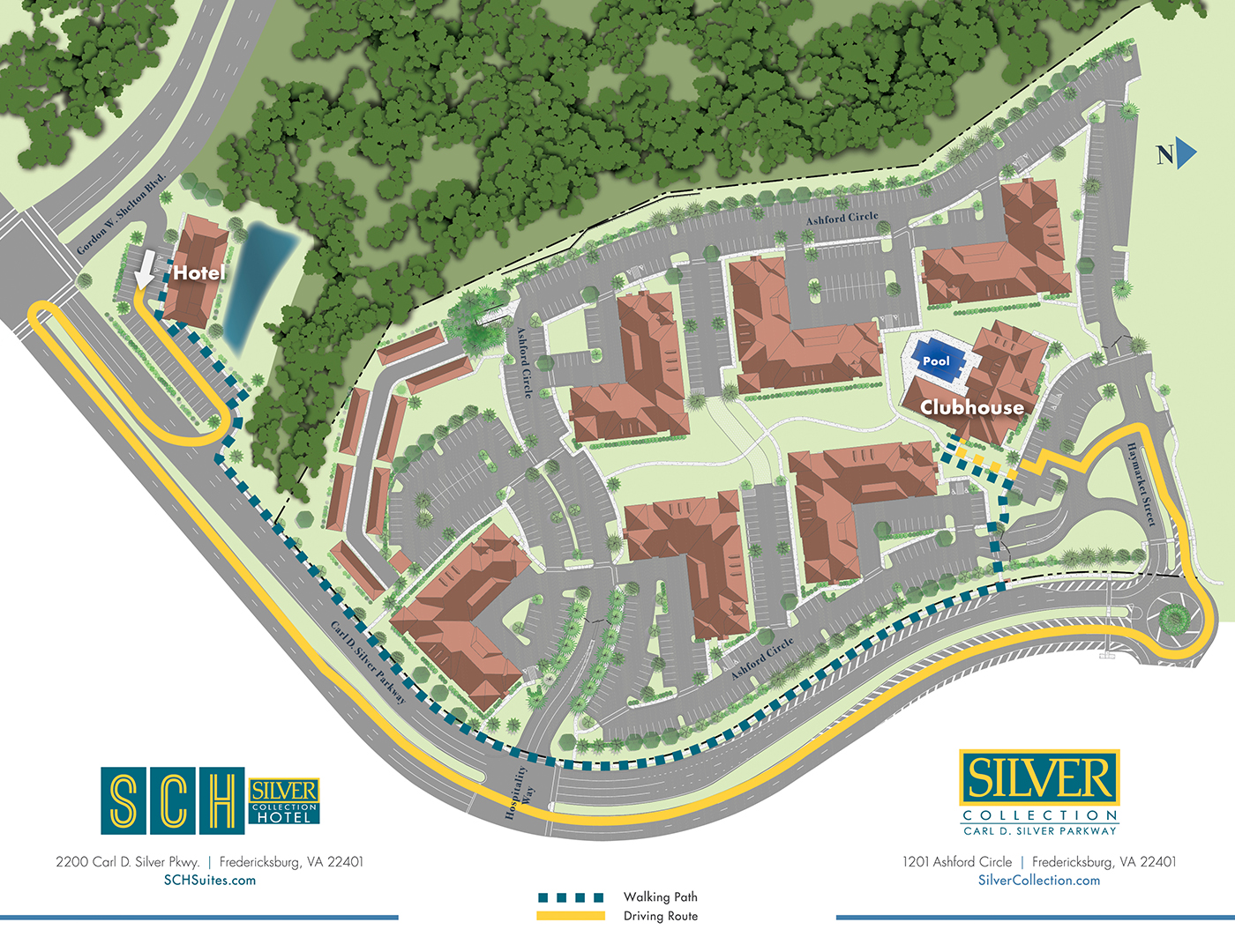 Digital map of silver collection hotel with walking path and driving route from the hotel to the clubhouse
