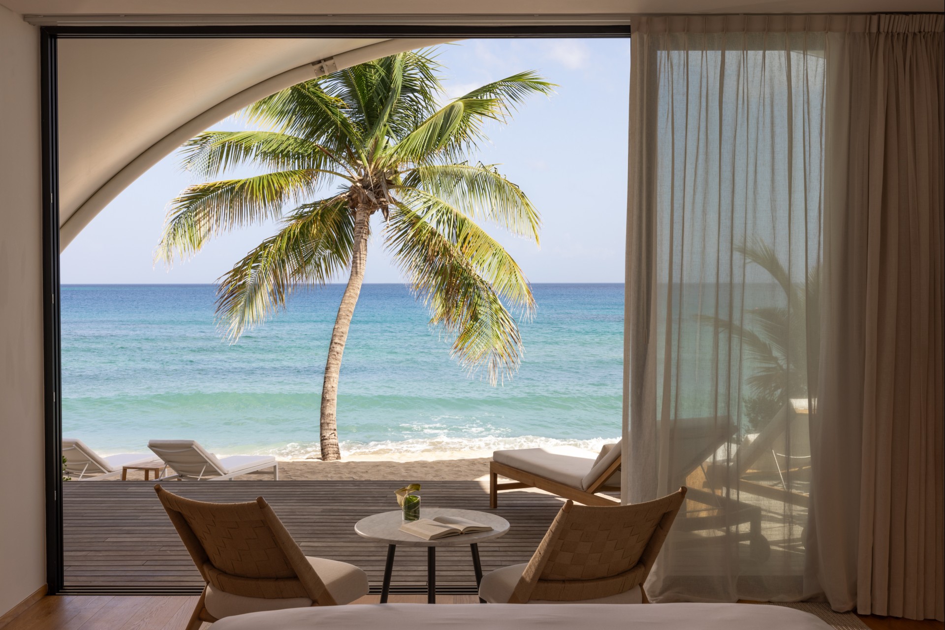 a room with a palm tree and a beach view