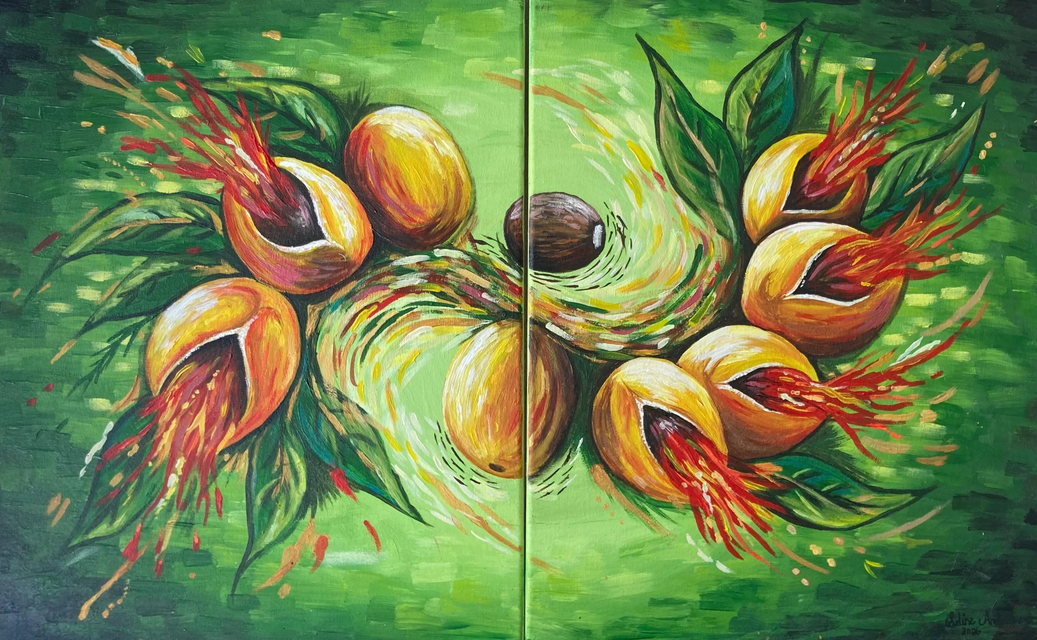 a painting of fruit and a fruit with leaves