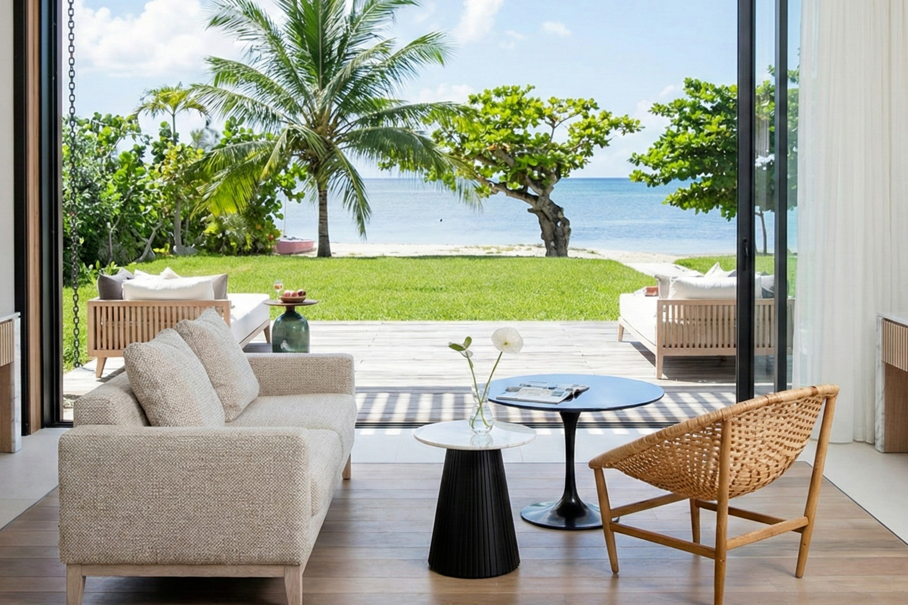 a living room with a view of the ocean
