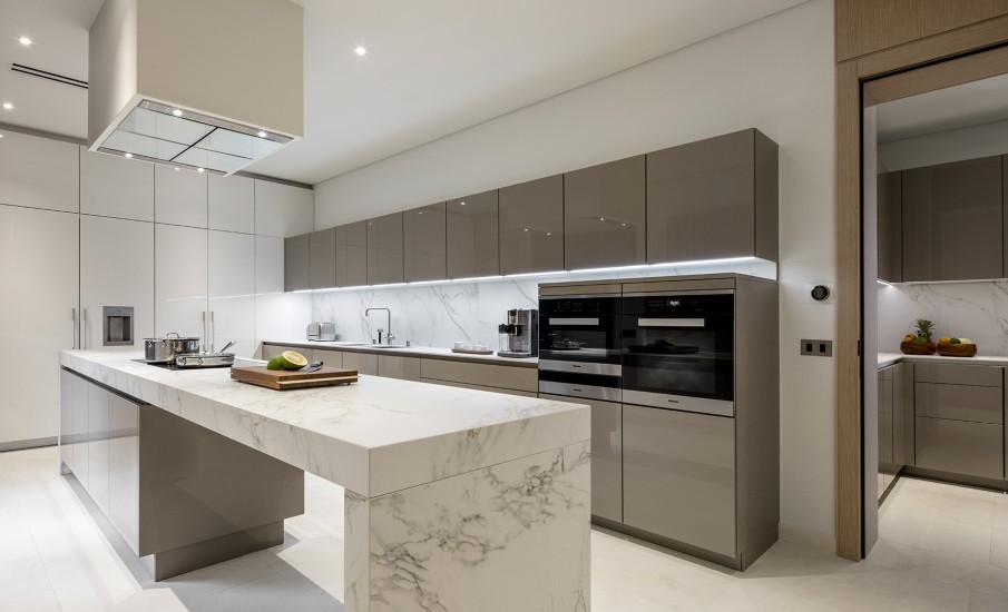 The interior of a modern kitchen with new appliances and marble countertops at a villa in Grenada.