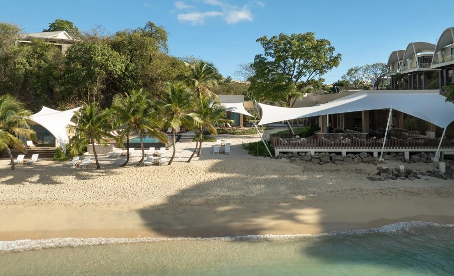 a beach with a white tent and palm trees