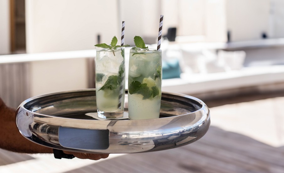 Two Mojito rum cocktails on a serving tray Puro Rum bar and lounge in Grenada.