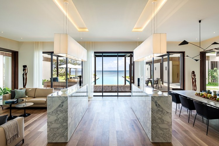 Interior of a spacious villa living room and dining room at Silversands Grand Anse.