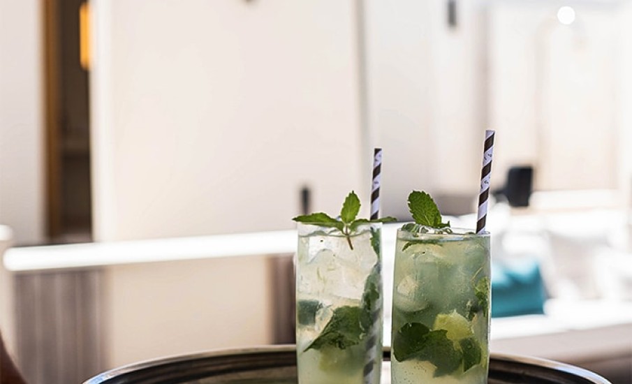 Two mojitos on a cocktail tray at the Beach Lounge cocktail bar in Grand Anse Beach.
