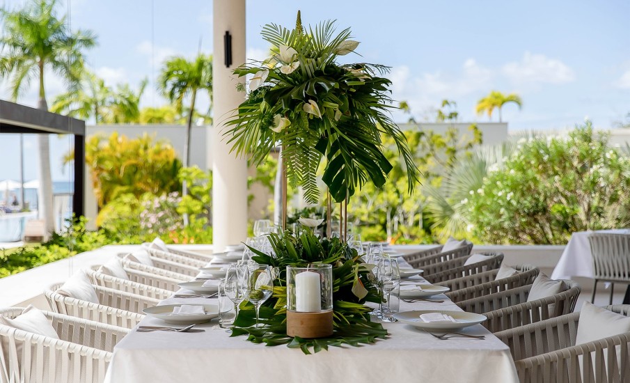 A fully decorated wedding table.
