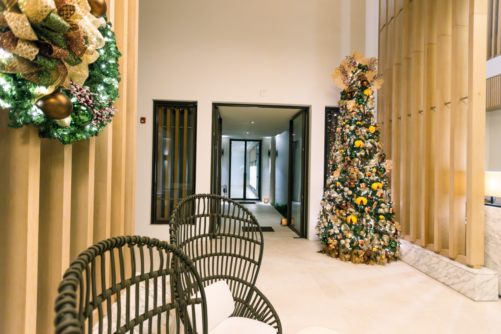 a christmas tree in a room