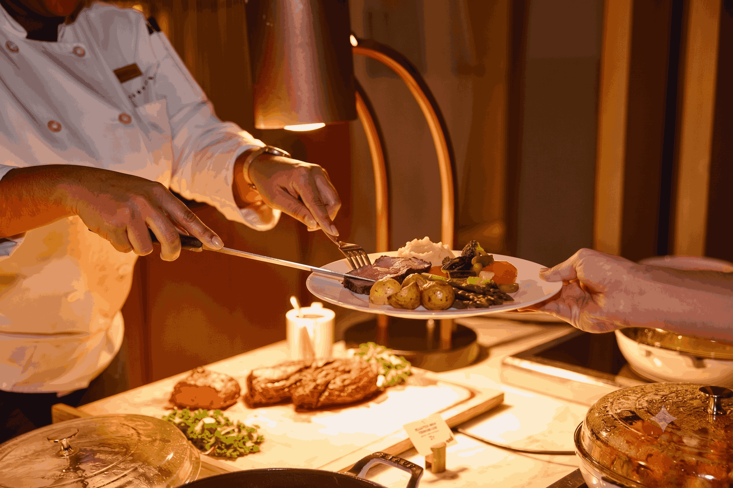 a person holding a fork and knife over a plate of food