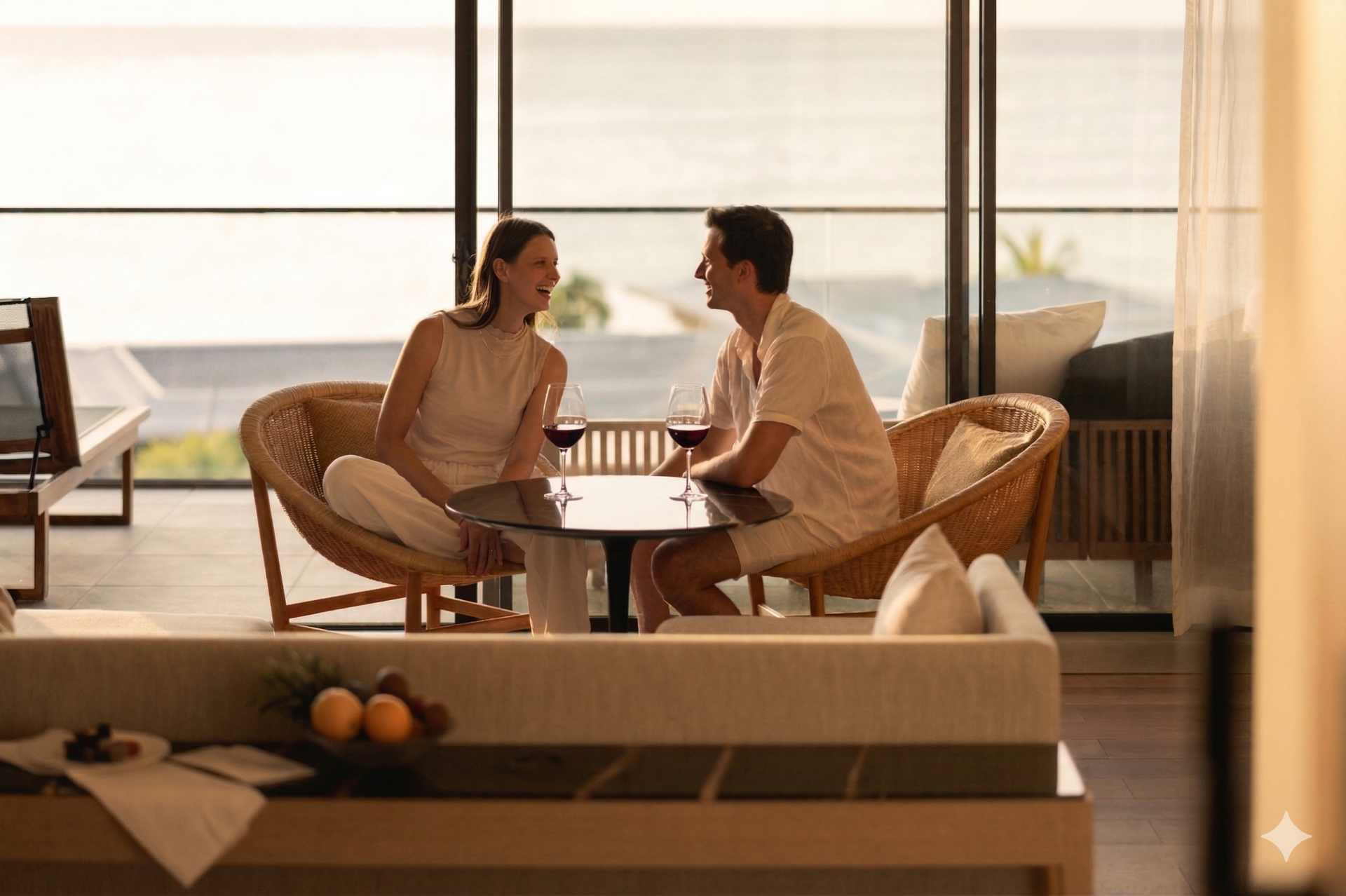 a man and woman sitting at a table with wine glasses