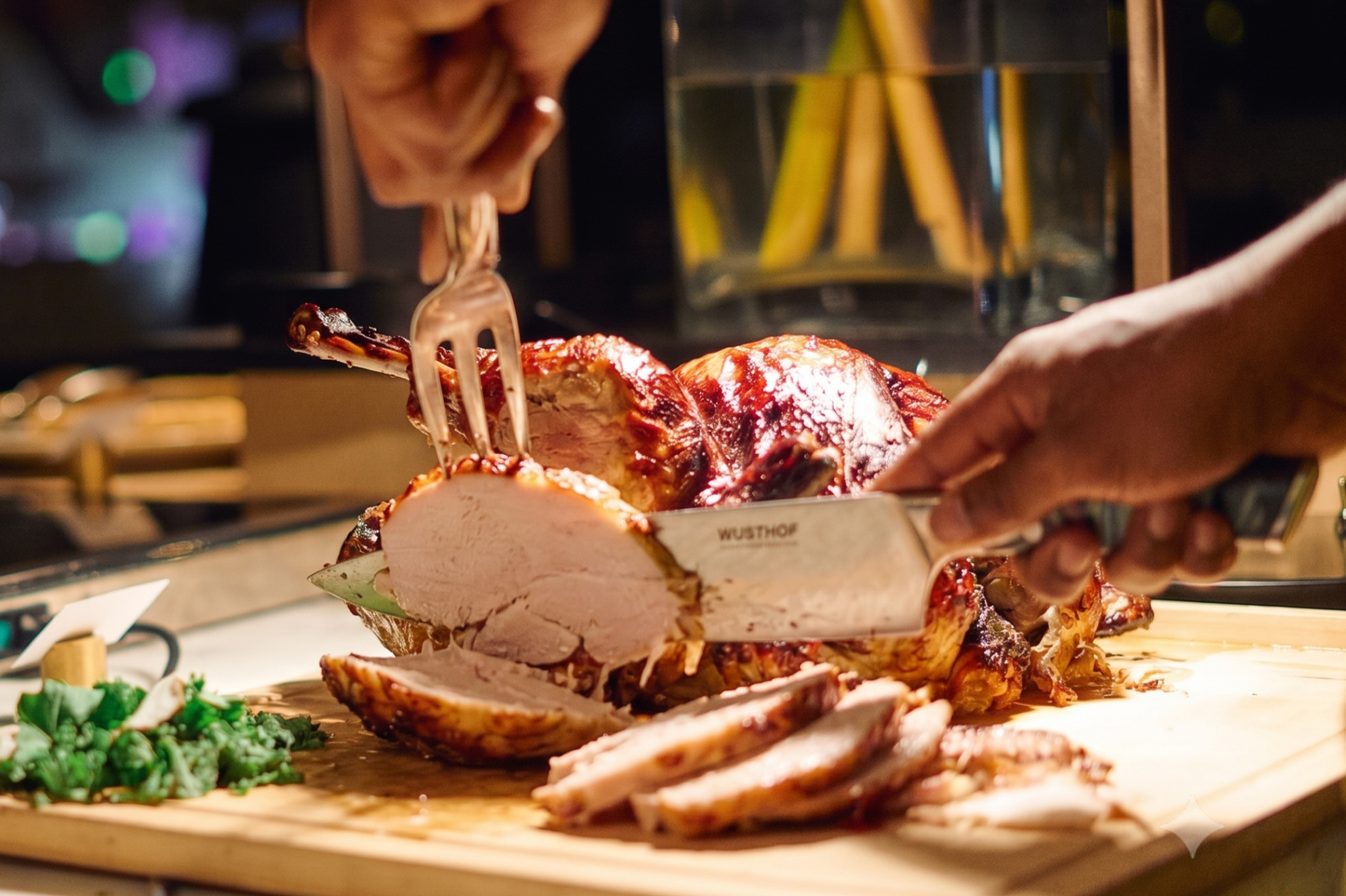 a person cutting a turkey