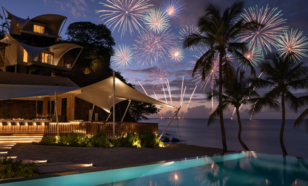 fireworks over a pool of water