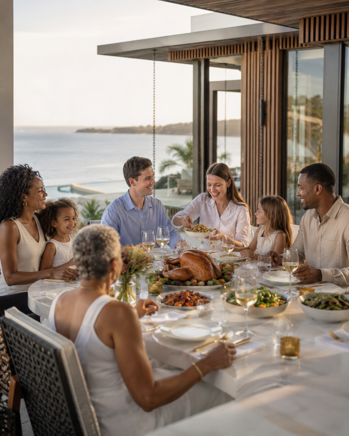 a group of people sitting around a table with food