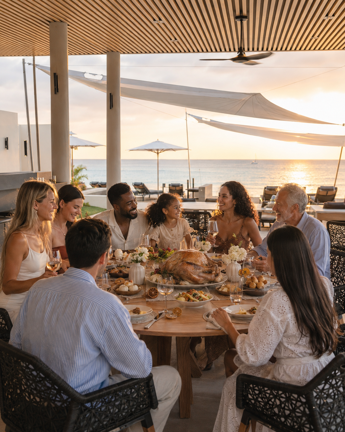 a group of people sitting around a table with food