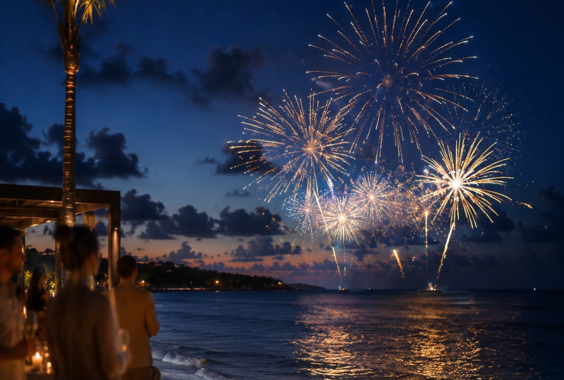people looking at fireworks over water