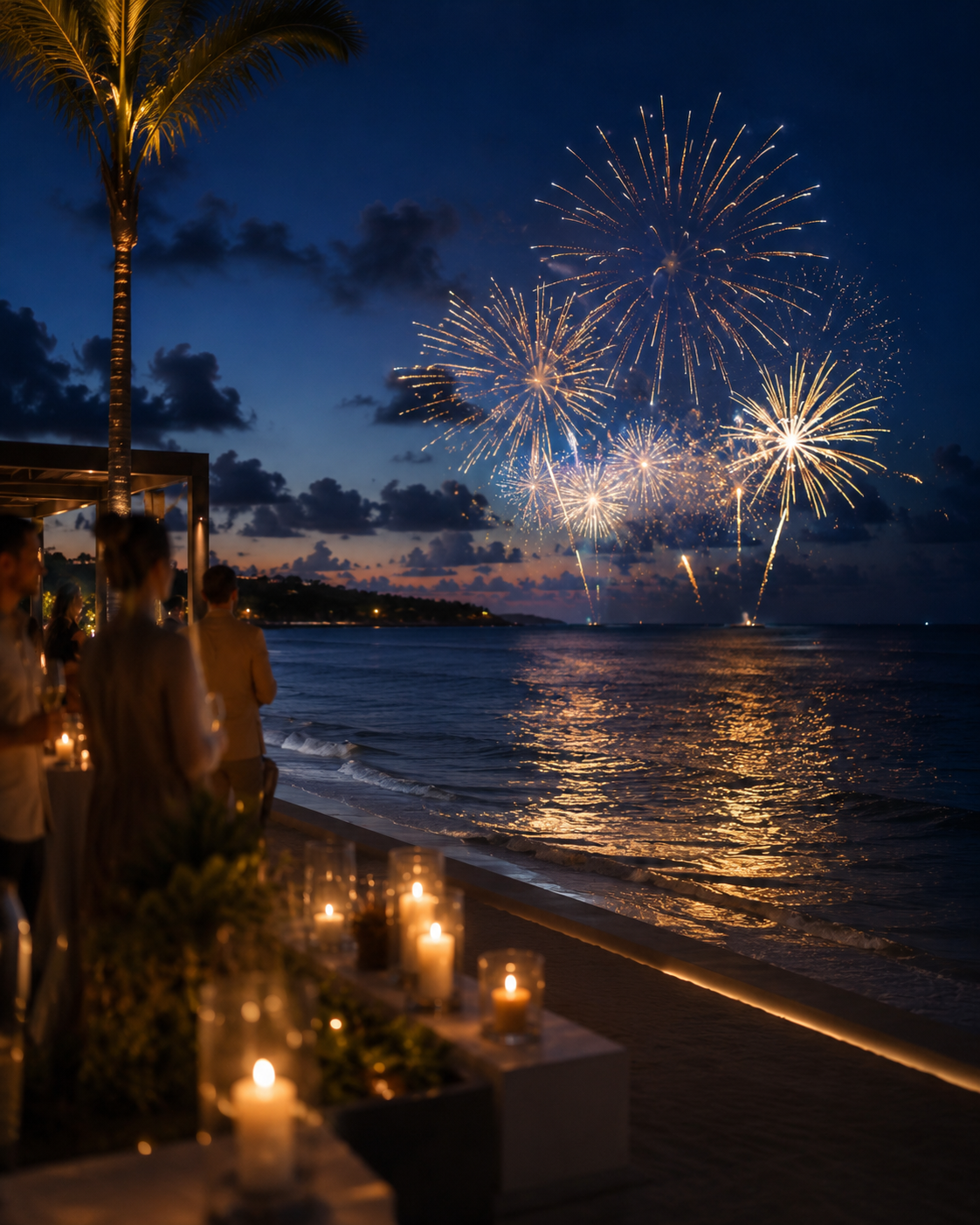 people standing on a beach with fireworks in the sky