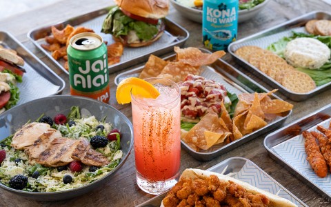 a table full of food and drinks