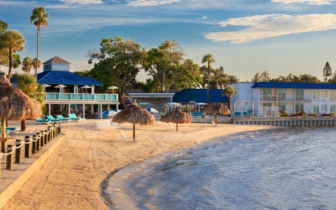 a beach with umbrellas and chairs on the shore