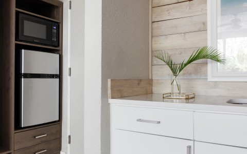 a white counter with a plant in it
