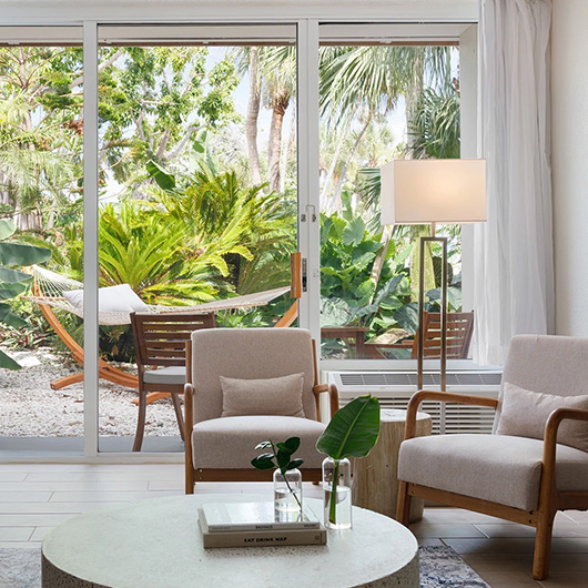 a room with a table and chairs