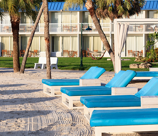 a group of blue lounge chairs on a beach